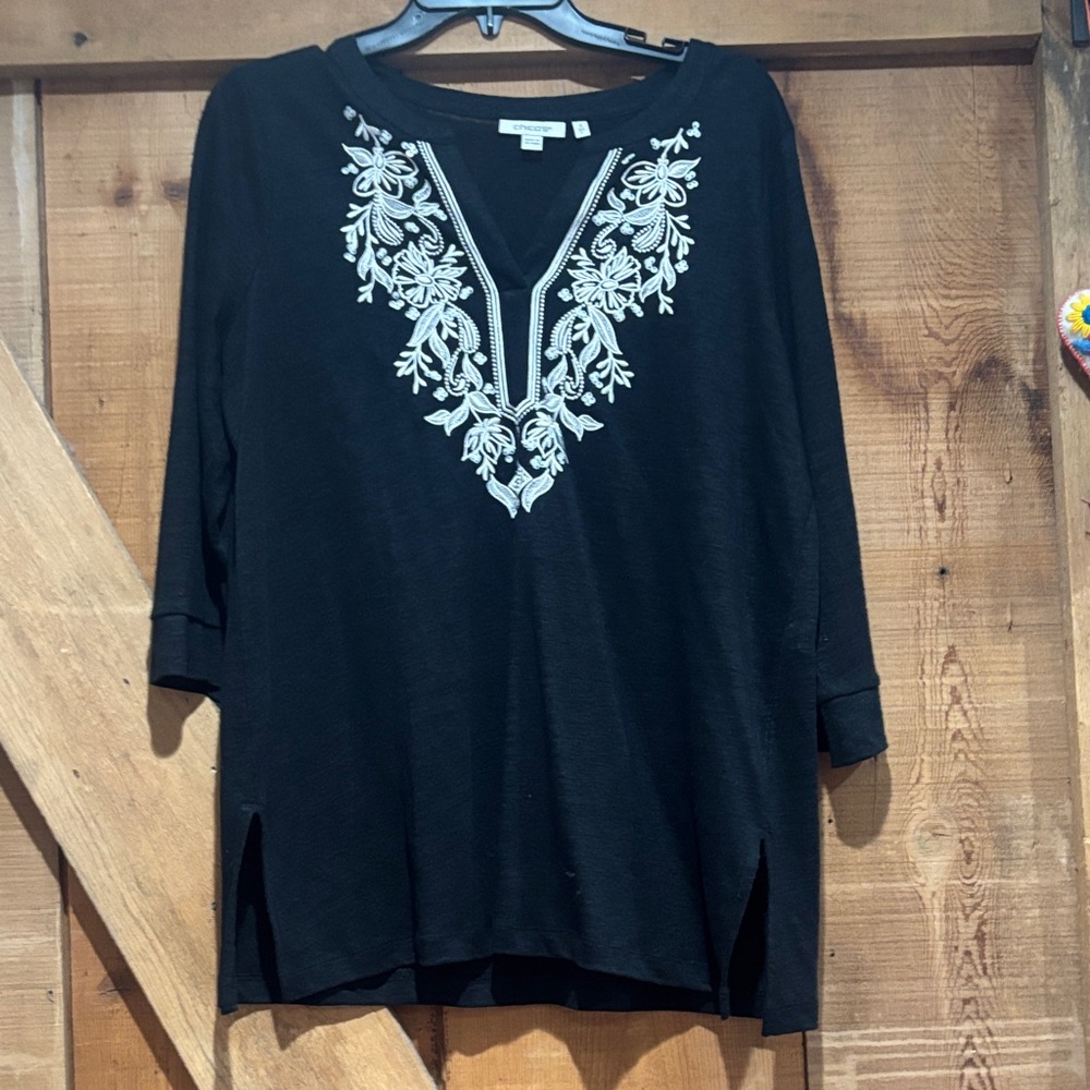 Chico's Black Tunic with White Floral Embroidery